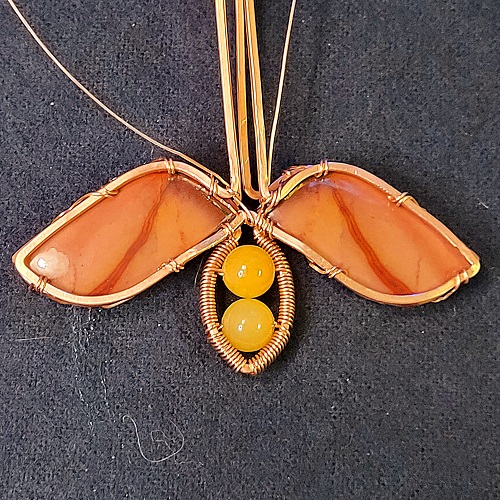 Jennifer Brooks's Rosy Maple Moth Pendant - , Contemporary Wire Jewelry, Lashing, Wire Lashing, Wire Wrapping, Wrapping, Wire Wrapping Jewelry, rosy maple moth pendant